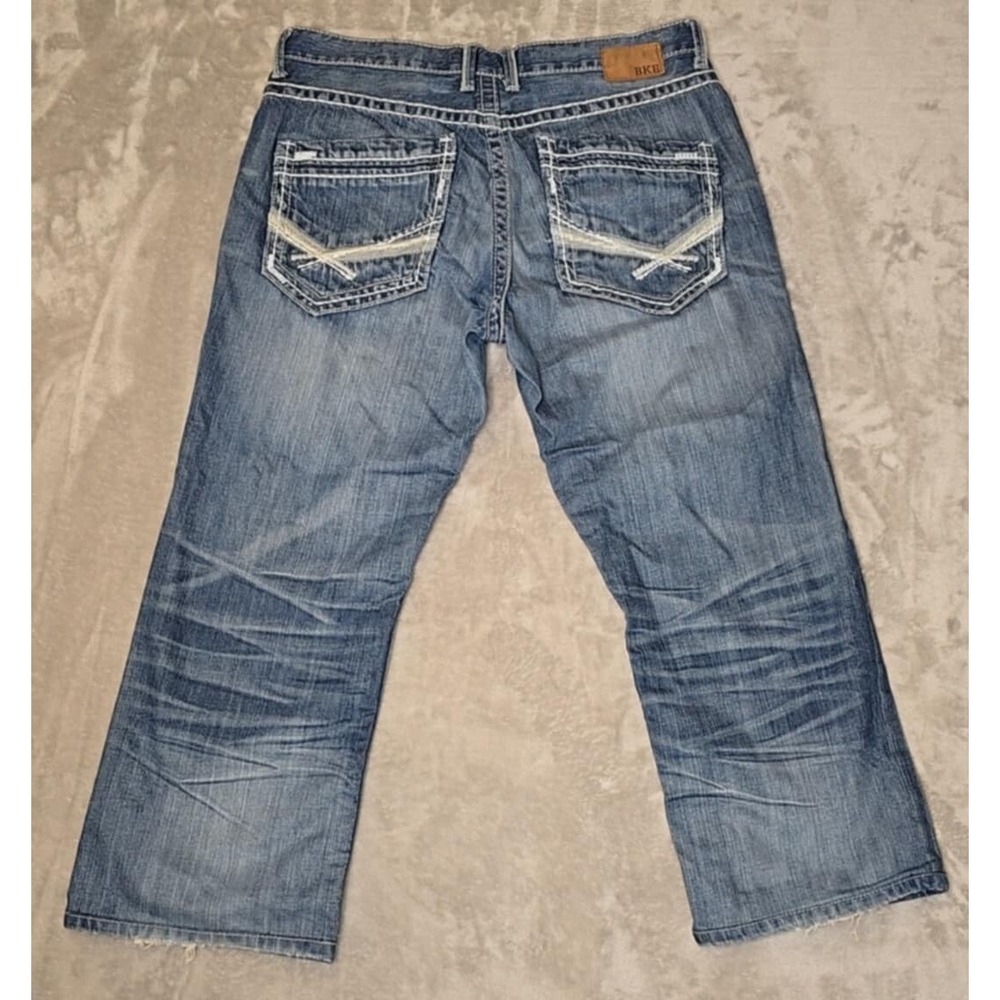 BKE Jeans Mens 34x24 Blue Jake Bootcut Thick Stitch Faded Whiskered‎ Western